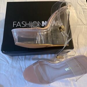 Fashion Nova Transparent and Beige Wedge Sandals